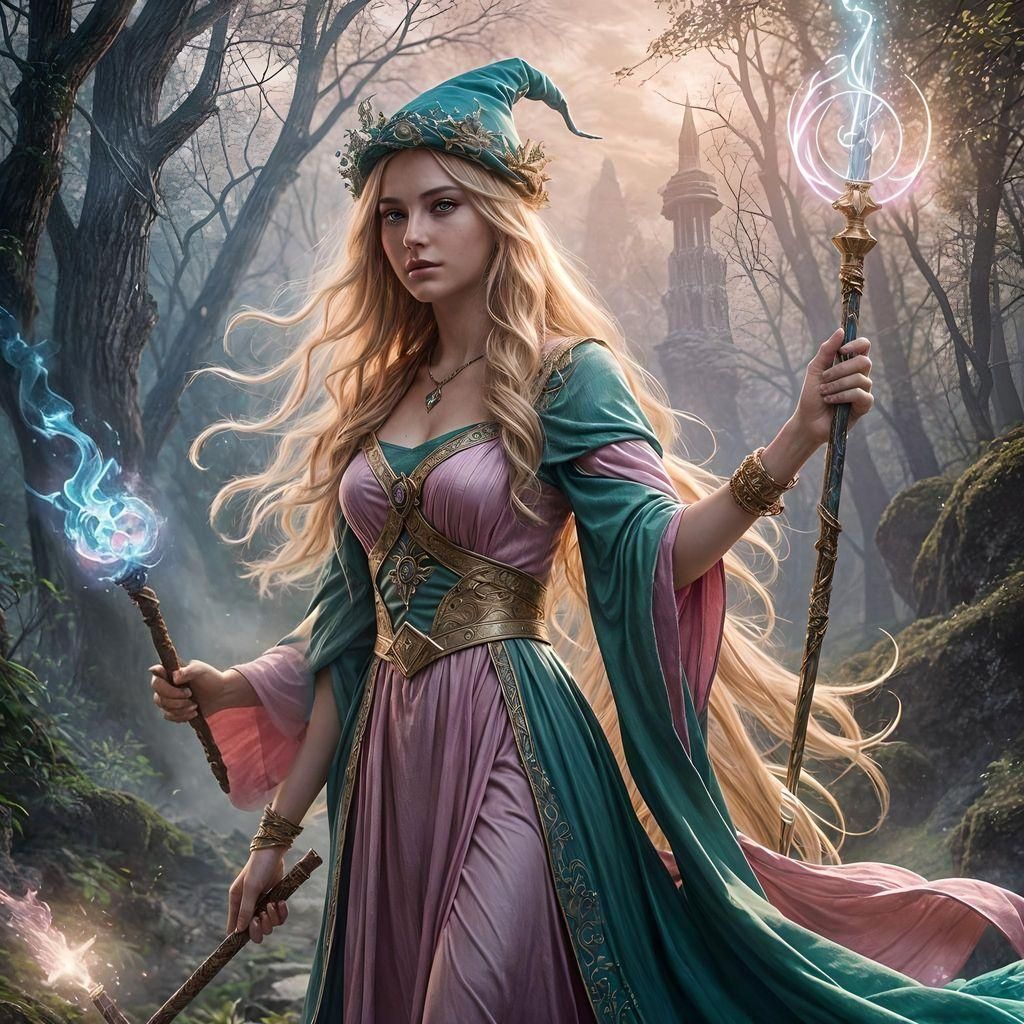 Powerful Enchantress with Magic Staff in Fantasy Art
