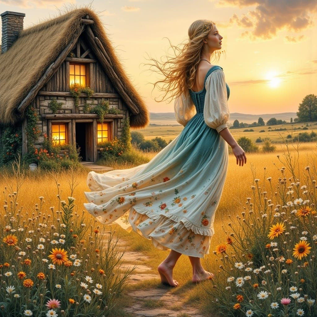 Idyllic Field Dance in Mixed Media Art