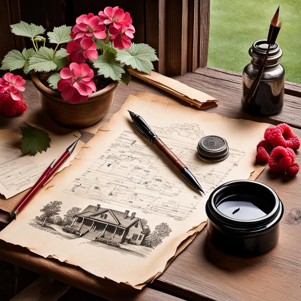 Frontier School Scene with Inkwell and Geraniums