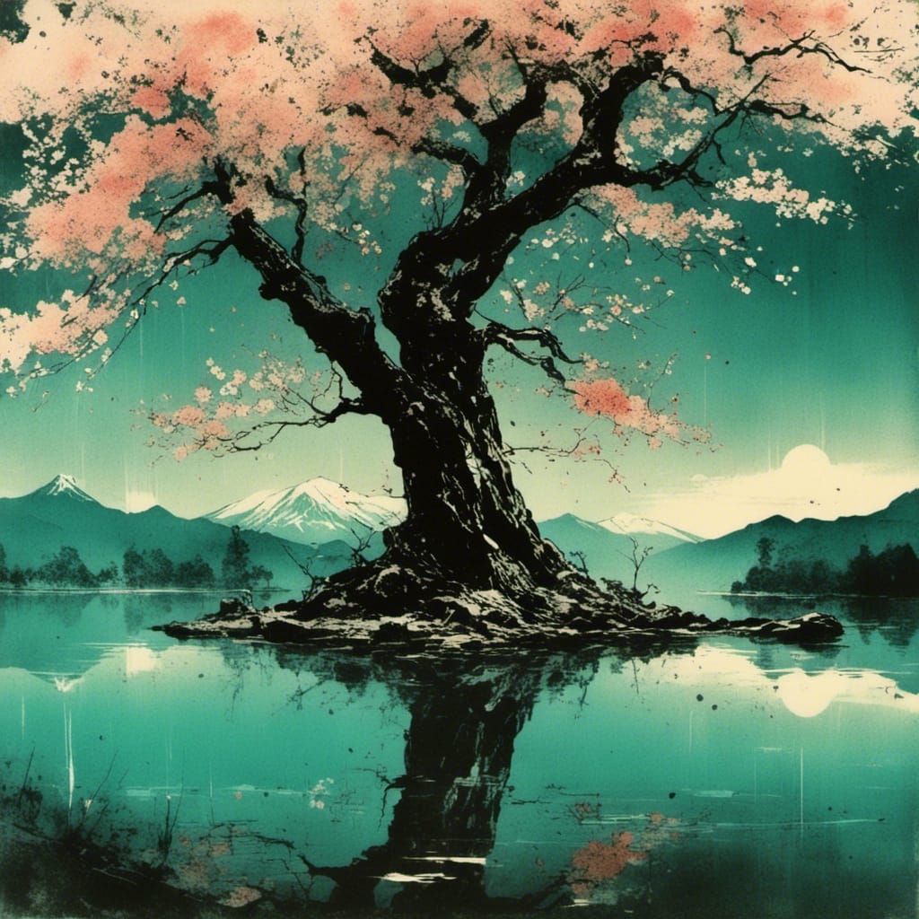 Ancient Sakura Tree by Lake with Temples