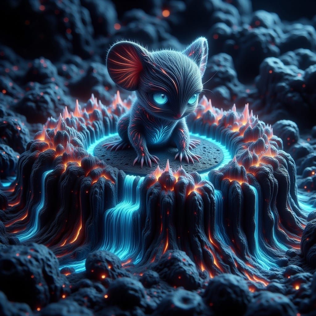 Biomechanical Chibi Mouse Blooms on Obsidian Island in Dream...