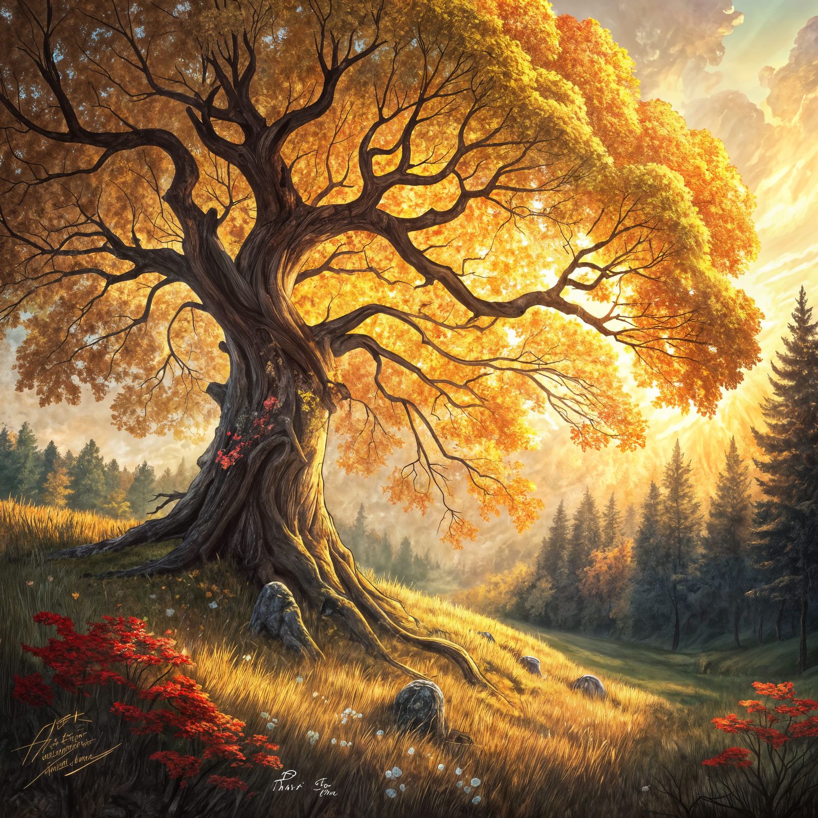 Tree of Life in Autumnal Meadow, as Folk Art