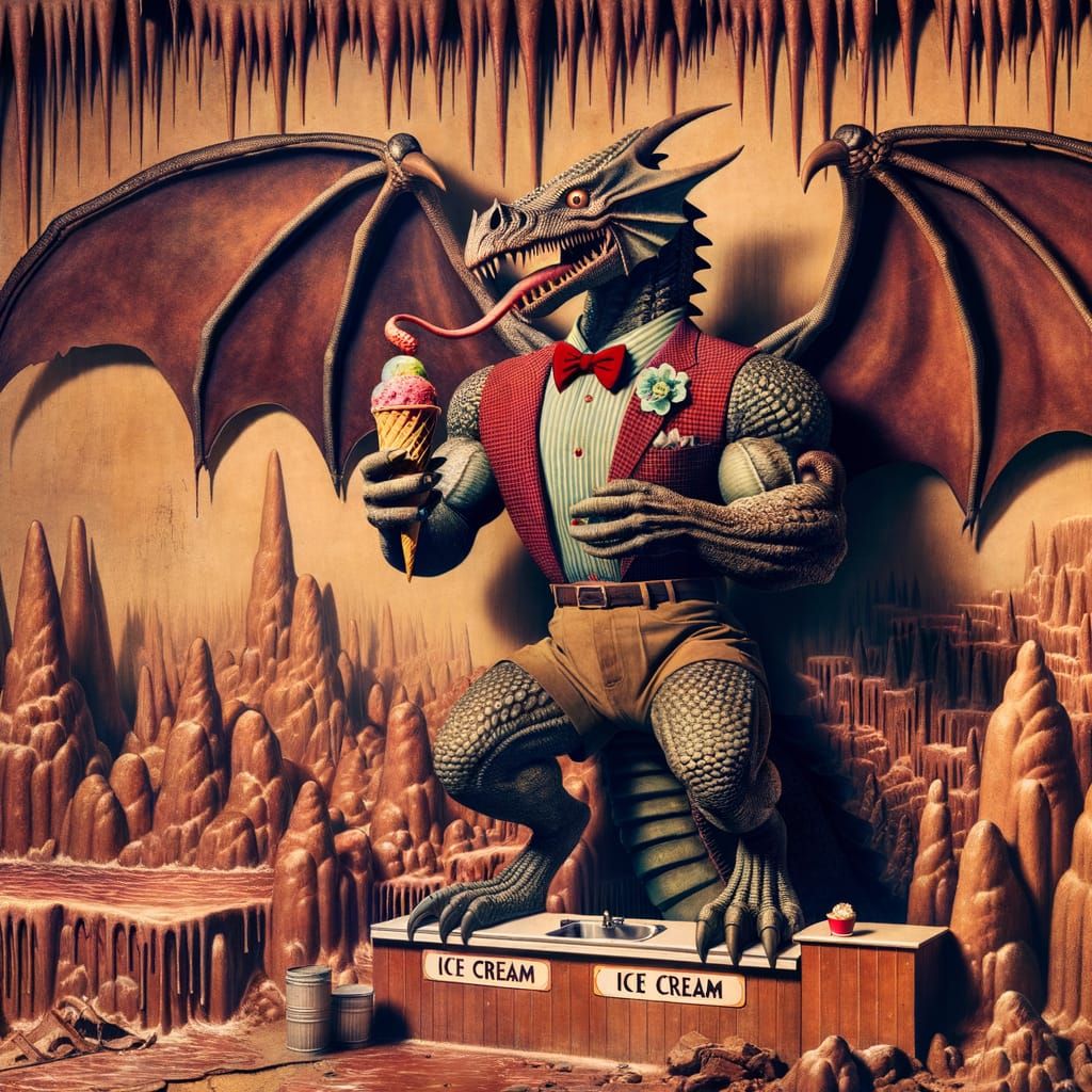Muscular Dragon in Retro Clothing Enjoys Ice Cream