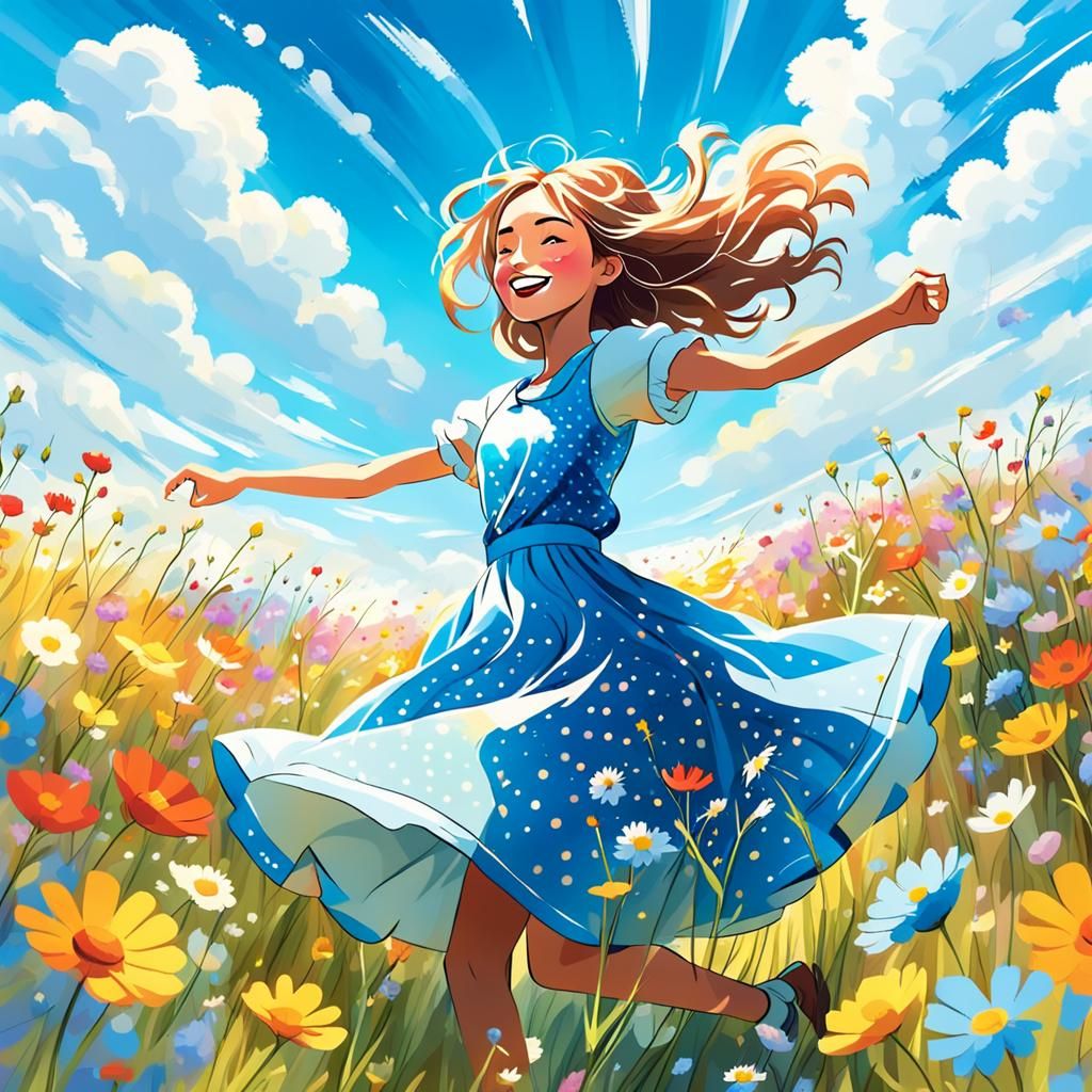 Joyful girl twirling in a field of wildflowers