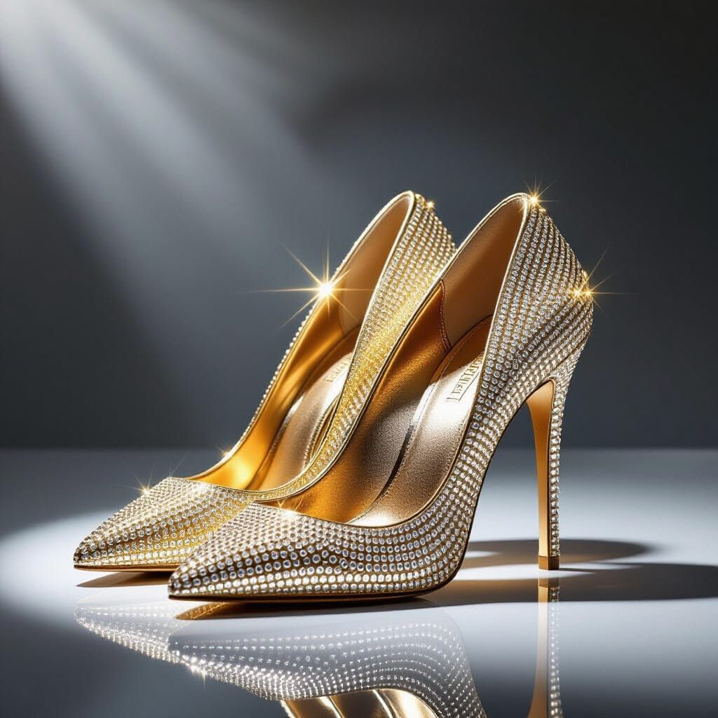 Elegant Golden Diamond High Heels in Hyper-Realism
