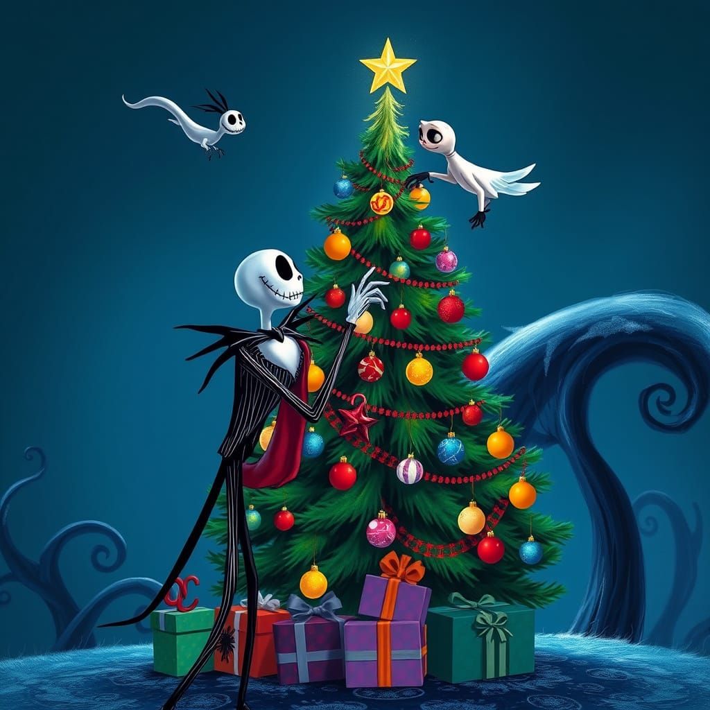 Jack Skellington and Sally Decorate Christmas Tree with Zero
