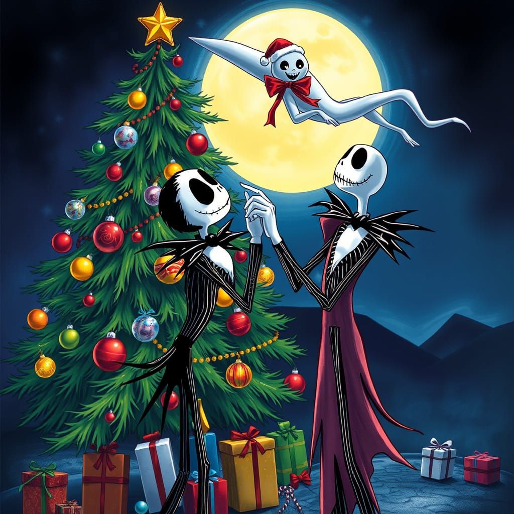 Jack and Sally Decorate Tree with Zero Flying By
