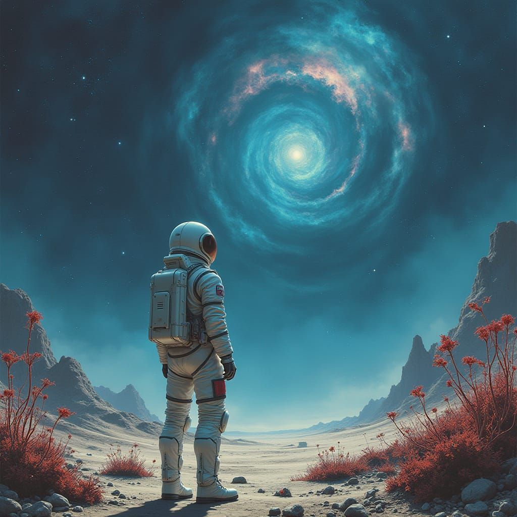 Astronaut Gazes at Nebula on Alien Planet