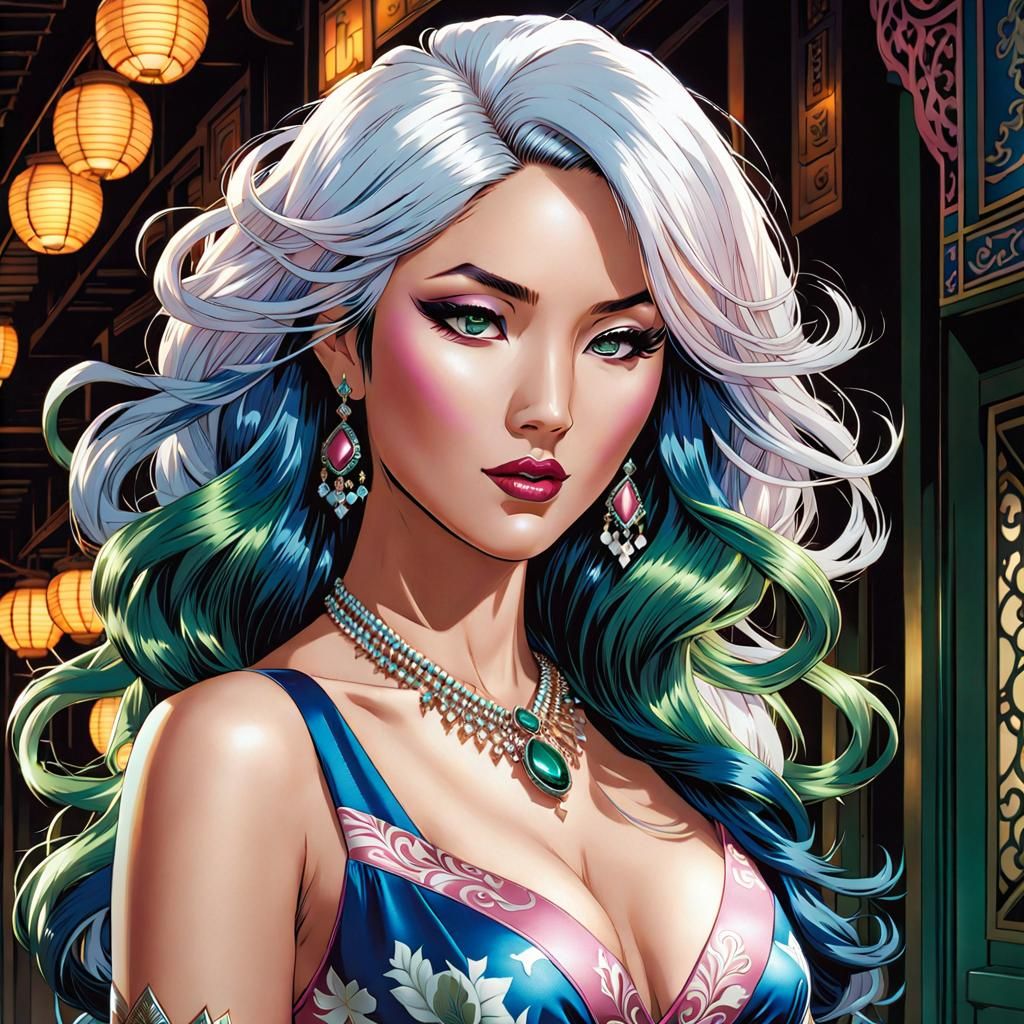 Young Asian Women with Half Long Wavy White Blue Hair