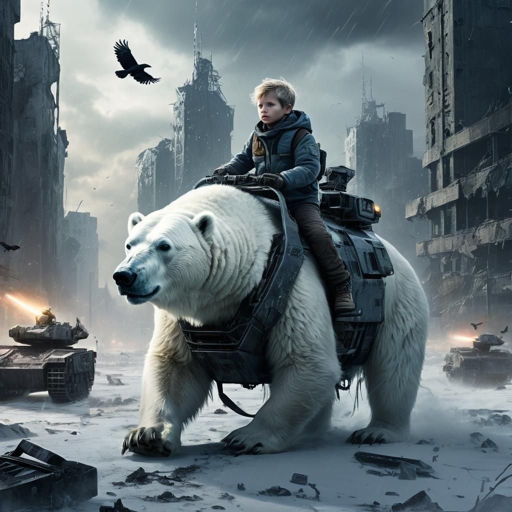 Armored Polar Bear in a Ruined Futuristic City