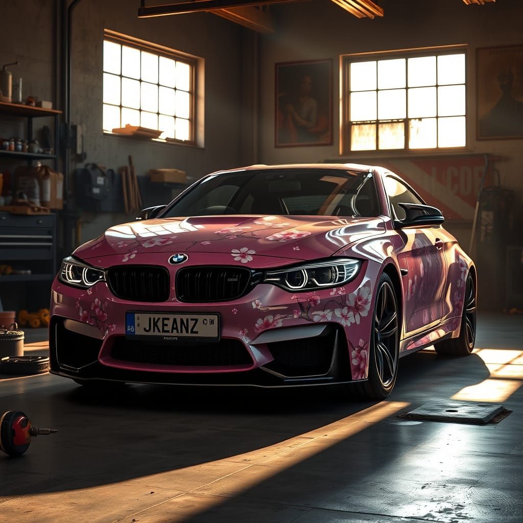 Cherry Blossom BMW M3 in Garage, Photorealistic Style