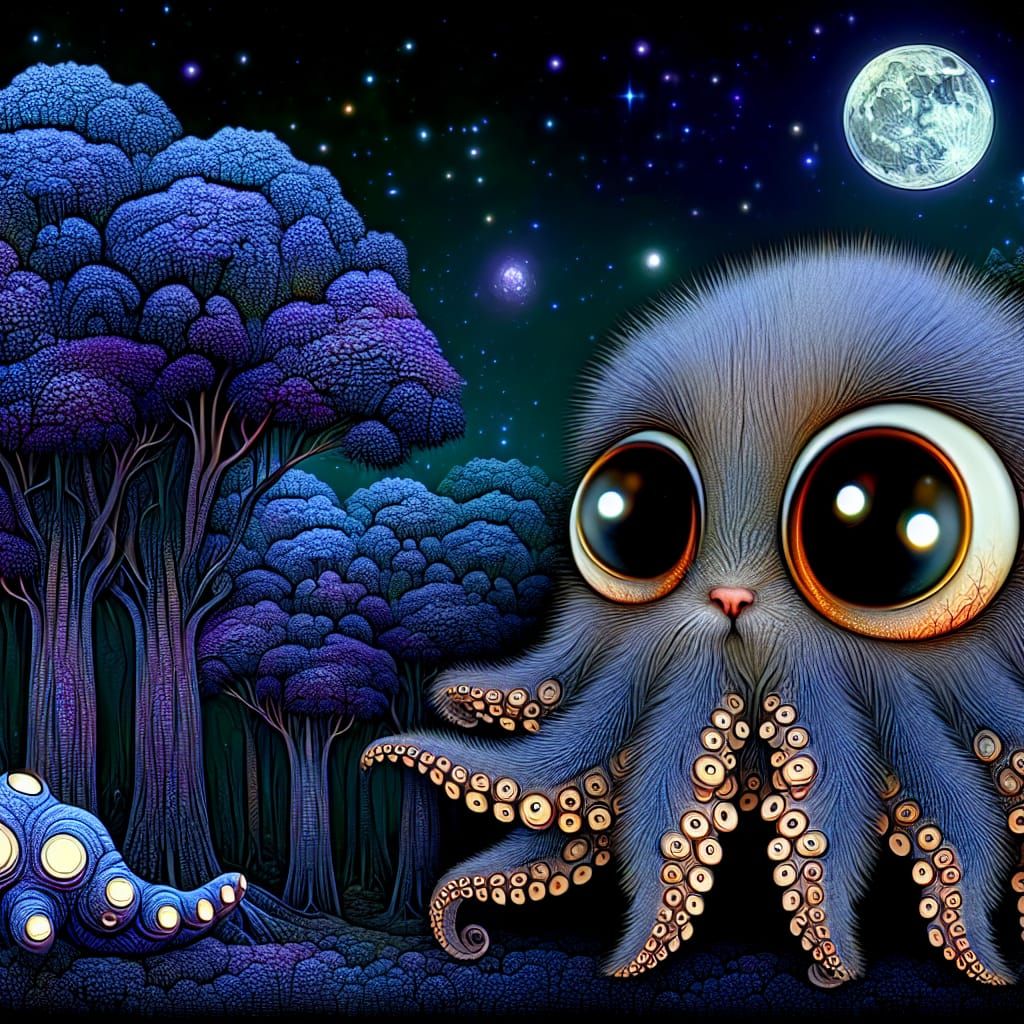 Eldritch Chibi Octopus-Jellyfish Hybrid in Moonlight