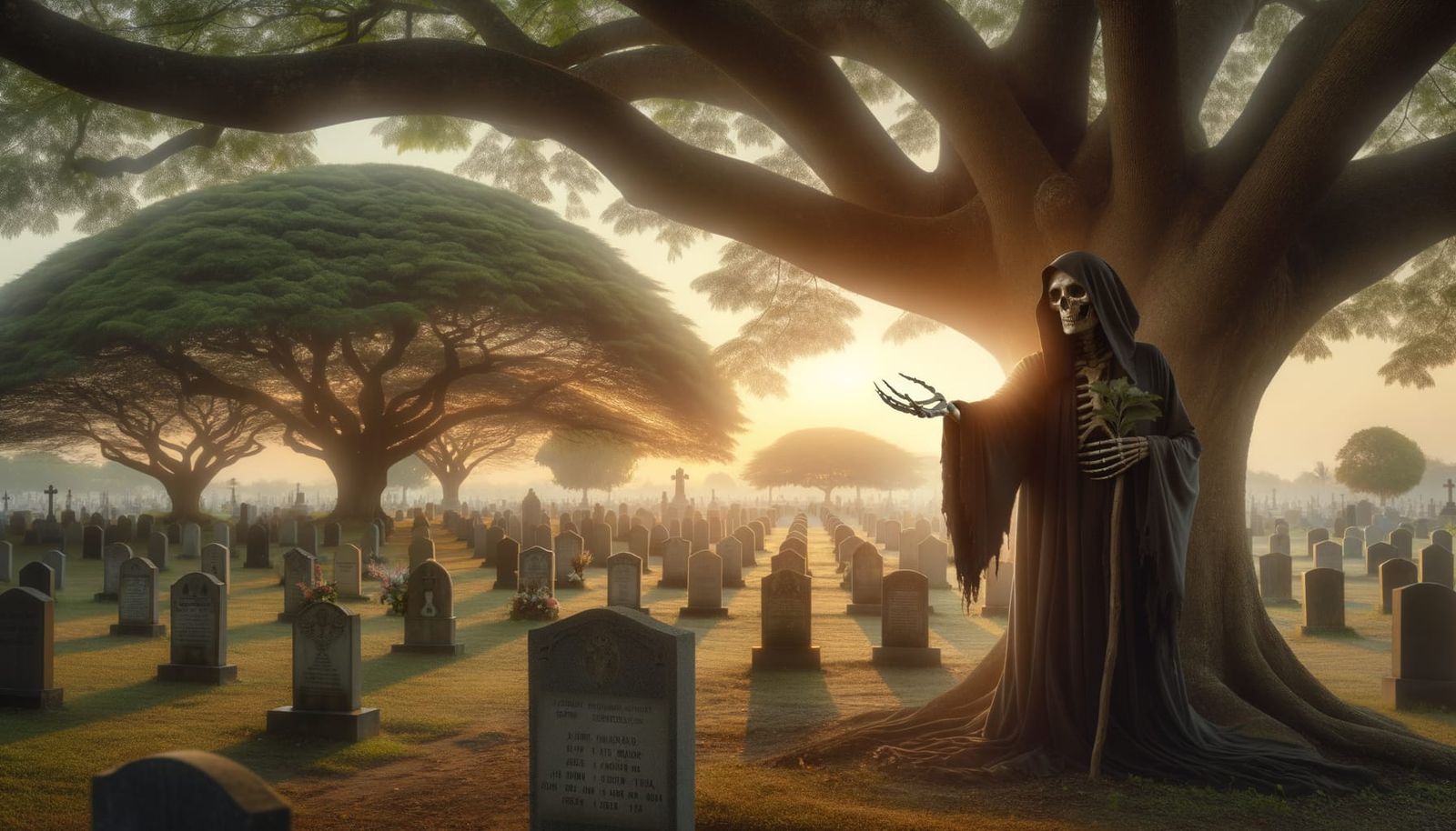 Compassionate Grim Reaper Comforts Bereaved in Cemetery