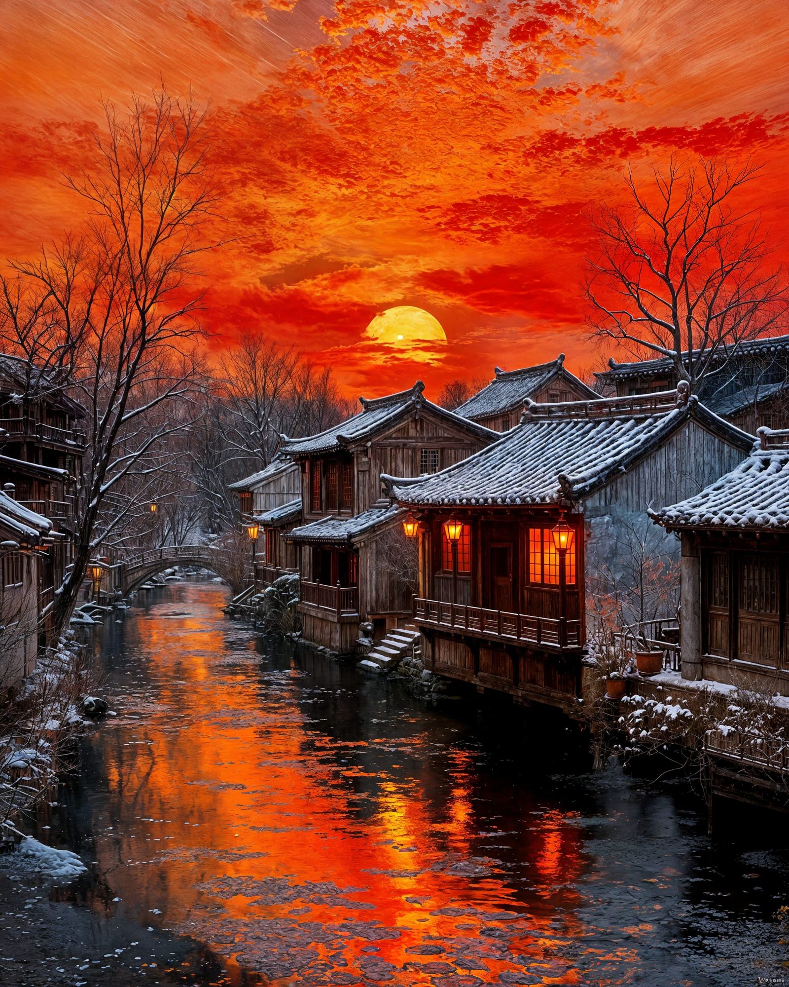 Fiery Sunset Over Snowy River with Chinese House