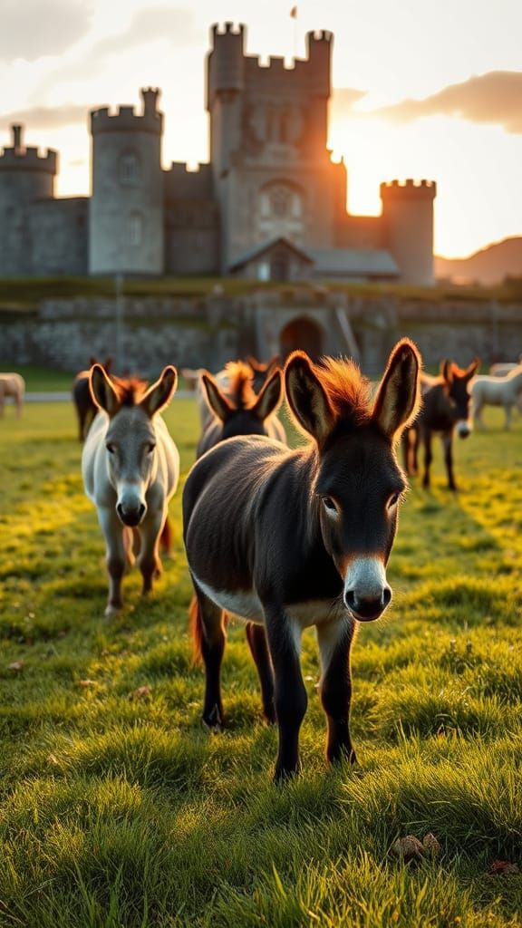 Mini Donkeys Graze at Trim Castle in Ireland's Golden Hour