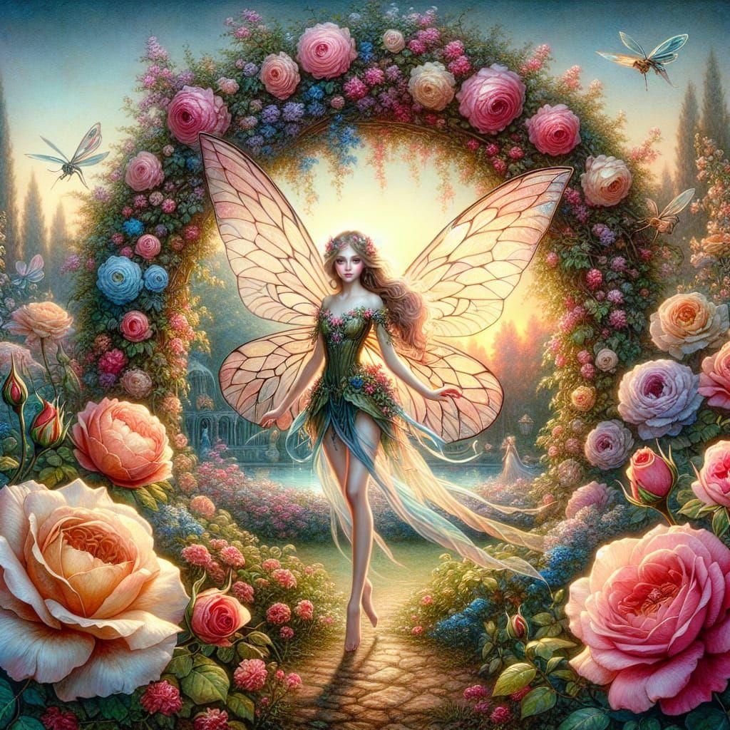 Fairy Walking Through Rose Arch in Watercolor Style
