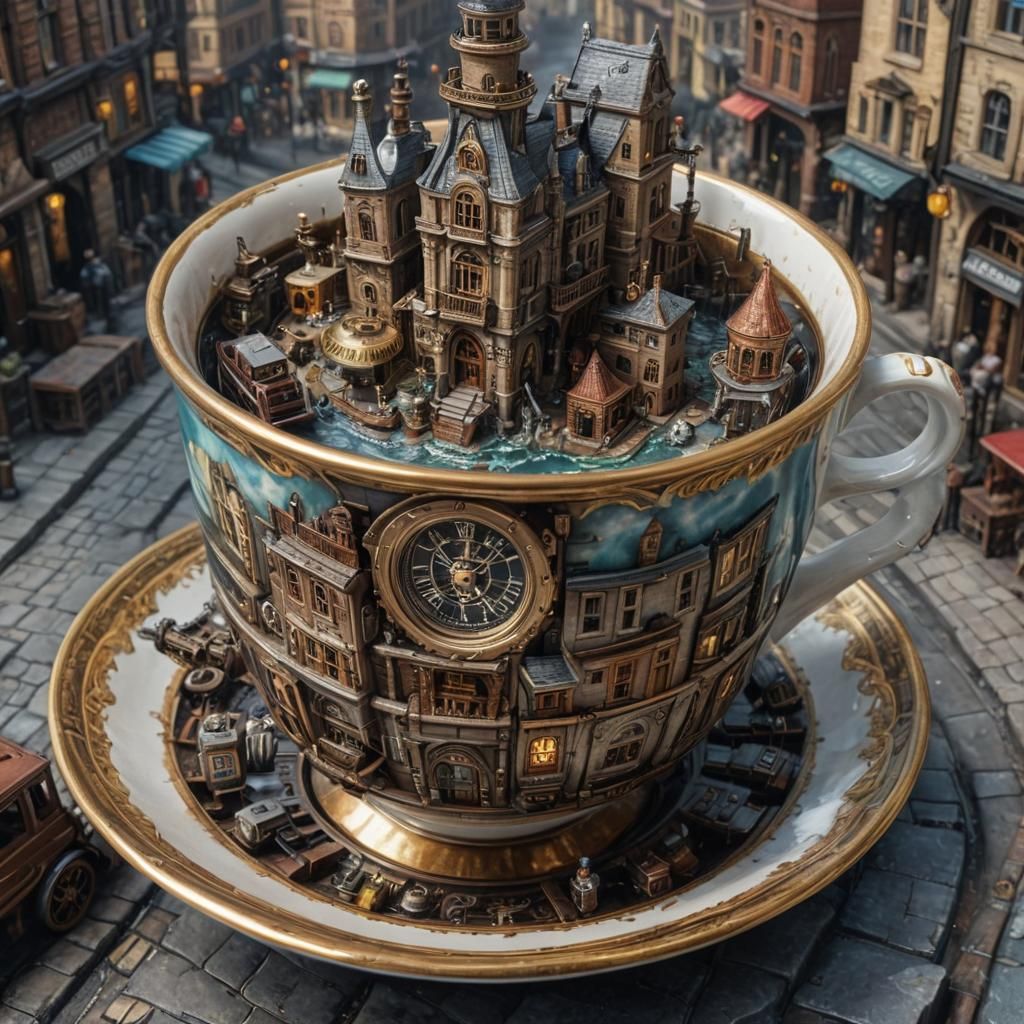 Steampunk City in Teacup: Hyperrealistic Oil Painting