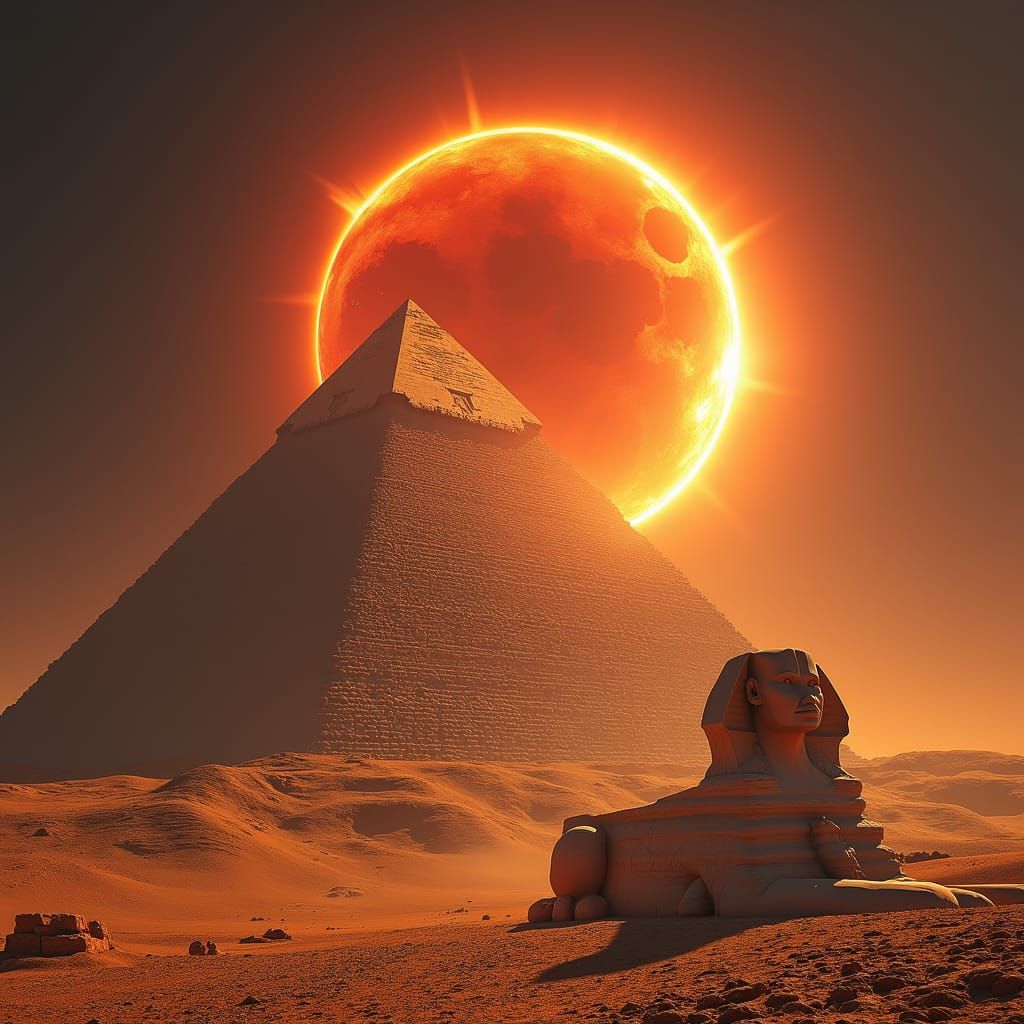 Solar Eclipse Over Giza Pyramid in Ash Thorp Style
