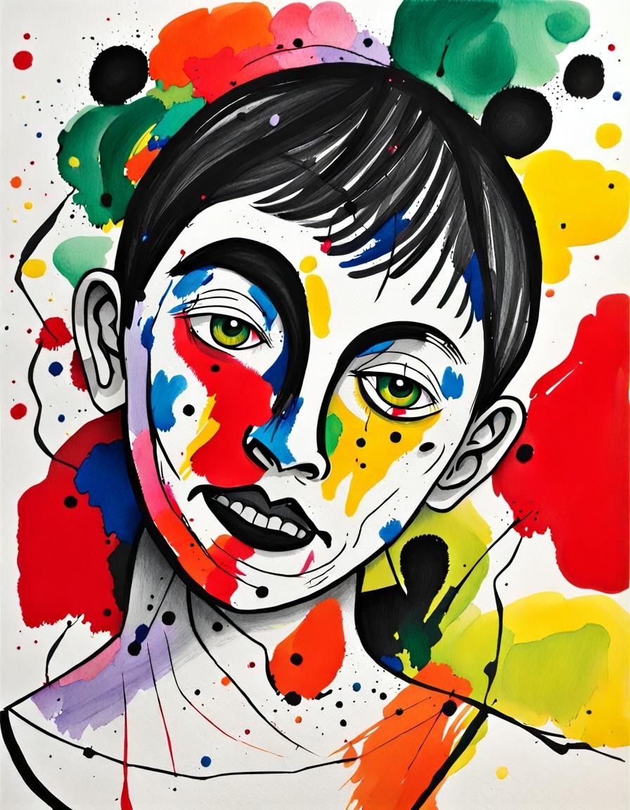 Abstract Happy Face Gouache and Ink Portrait