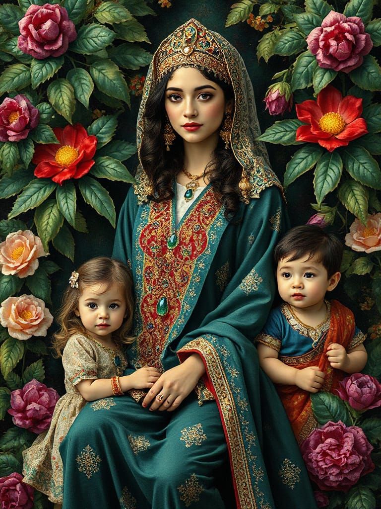 Persian Family Amidst Jewels and Floral Patterns