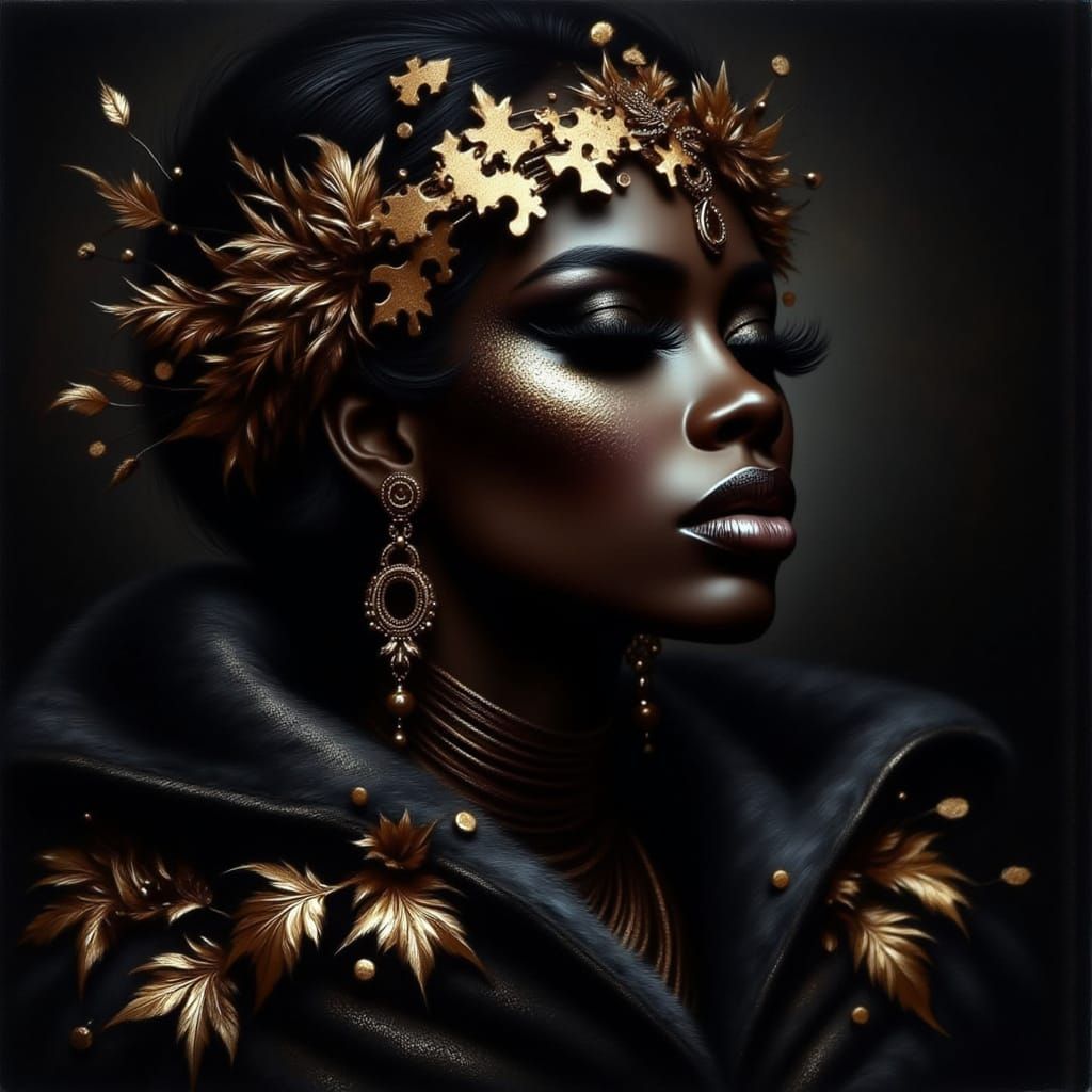 African Woman in Black Leather Adorned with Metallic Wreath ...