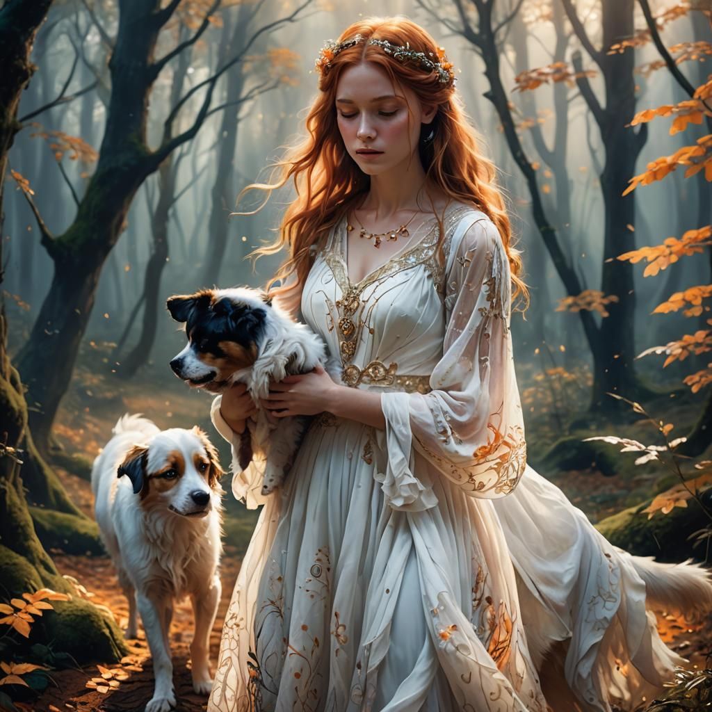 Emotional Fantasy Art: Girl Hugs Dog in Mystical Forest