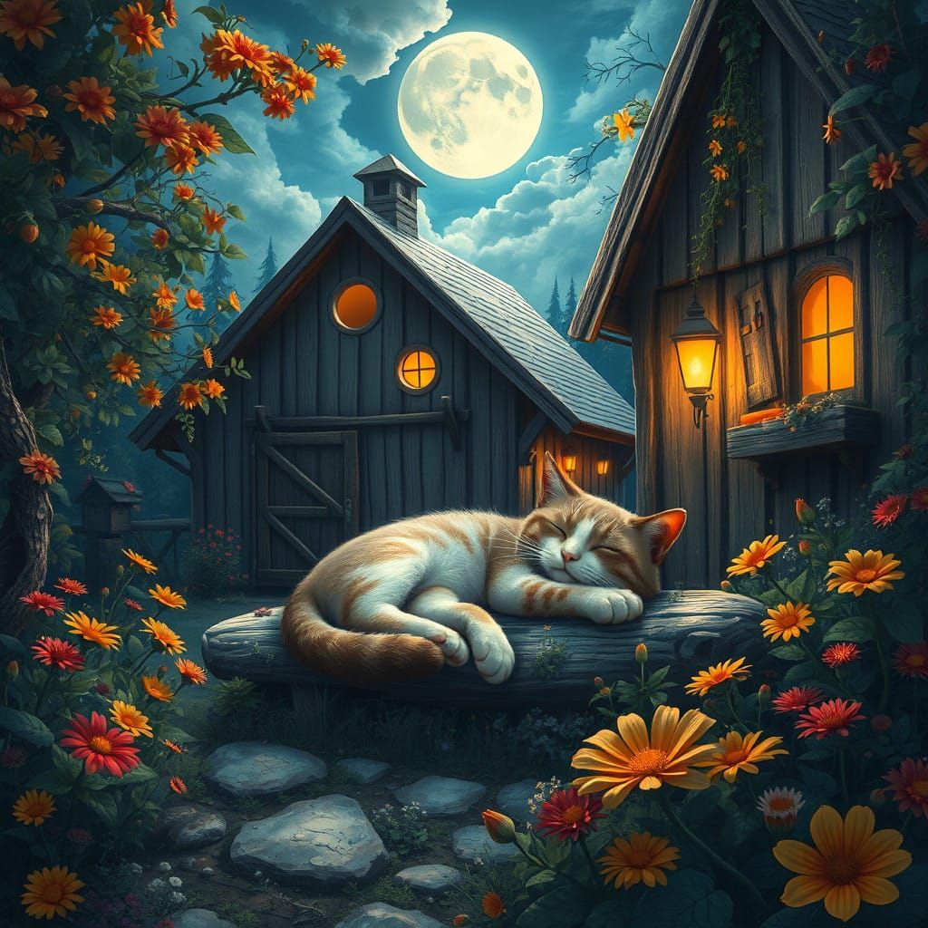 Serene Cat in Whimsical Moonlit Barn Scene