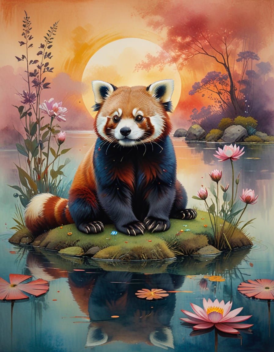 Red Panda in Swirling Ink Washes on Lotus Flower