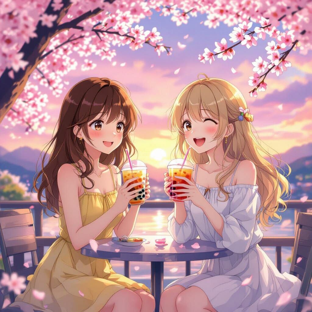 Anime Girls Enjoying Bubble Tea Under Cherry Blossoms
