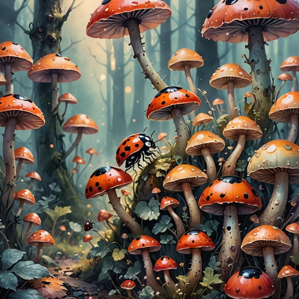 Ladybug on Glowing Mushrooms in Watercolor Forest