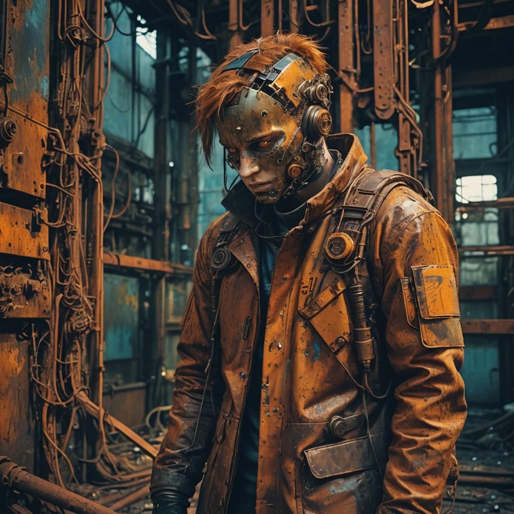 Dystopian Figure in Industrial Cyberpunk Decay