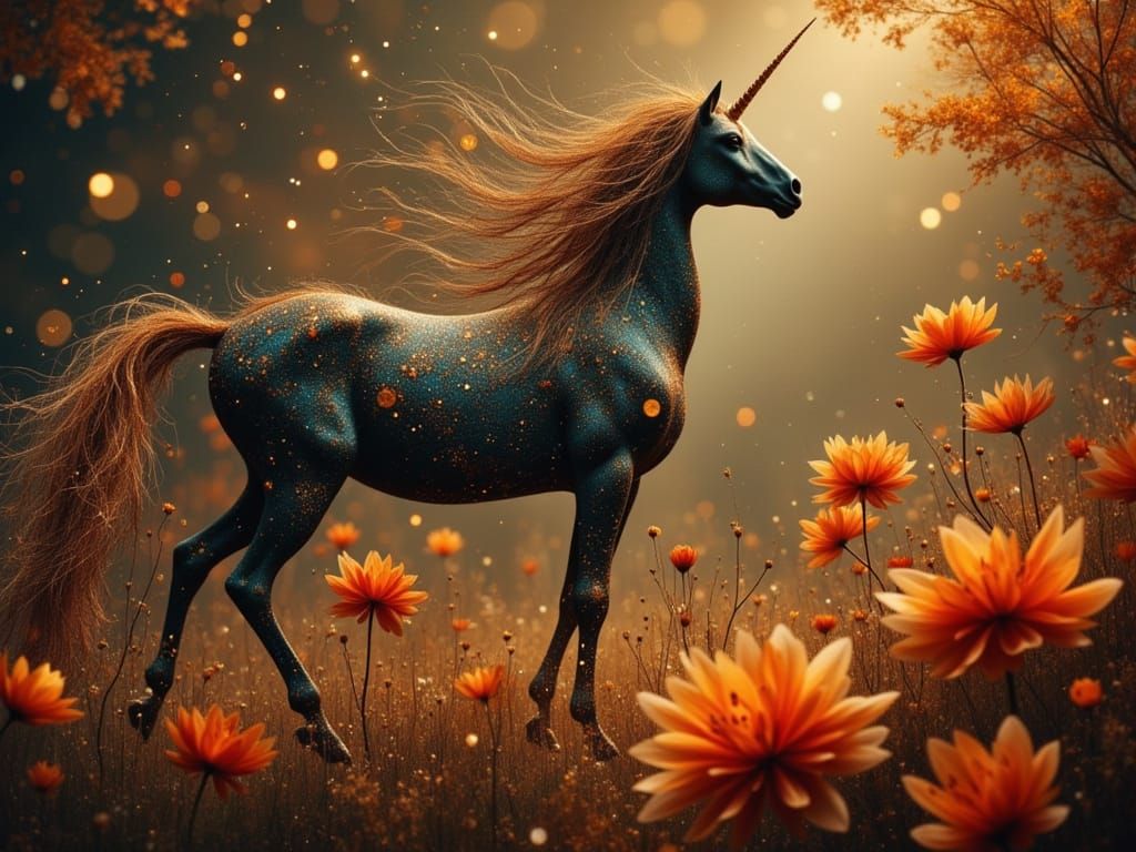 Unicorn Amidst Glowing Autumn Flowers in Misty Forest
