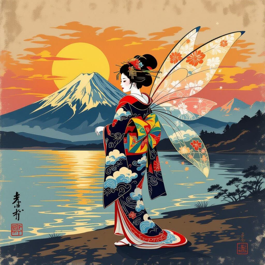 Geisha Before Mount Fuji at Sunset - Japanese Woodblock Styl...