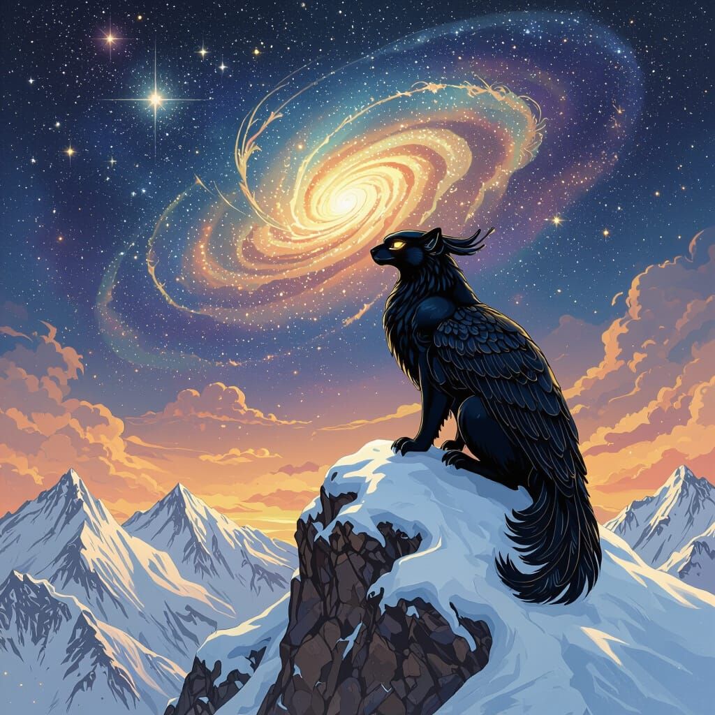 A black topaz gryphon perched atop a snow-capped mountain peak, gazing out over a vast, swirling galaxy filled with nebu...