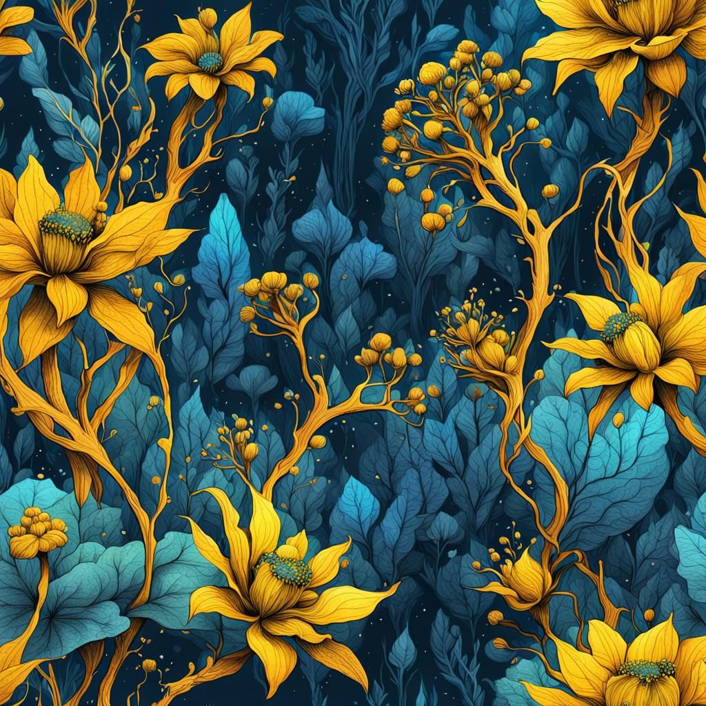 Yellow Botanical Ink Drawing with Intricate Detail