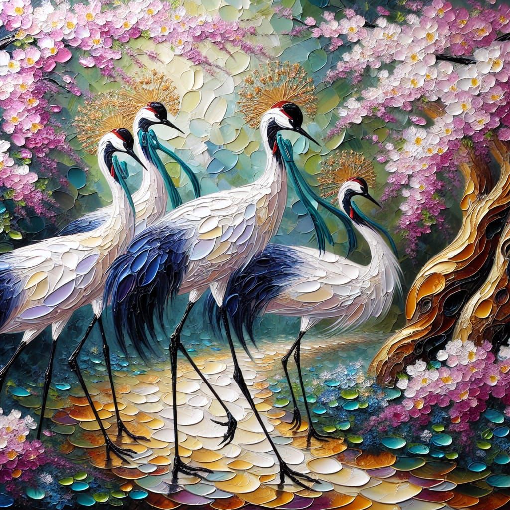Elegant Cranes Amidst Cherry Blossoms in Impasto Style