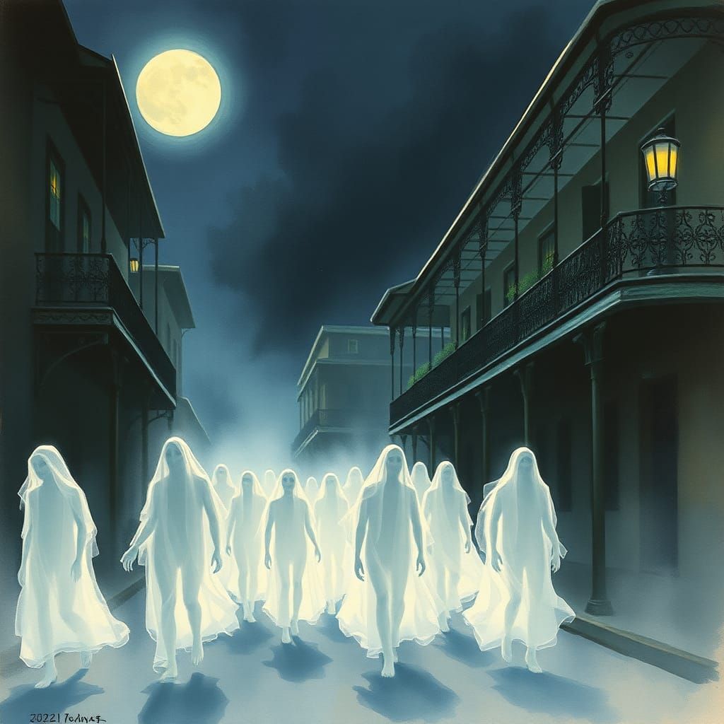 Ethereal Ghost Parade Through New Orleans, Watercolor Style