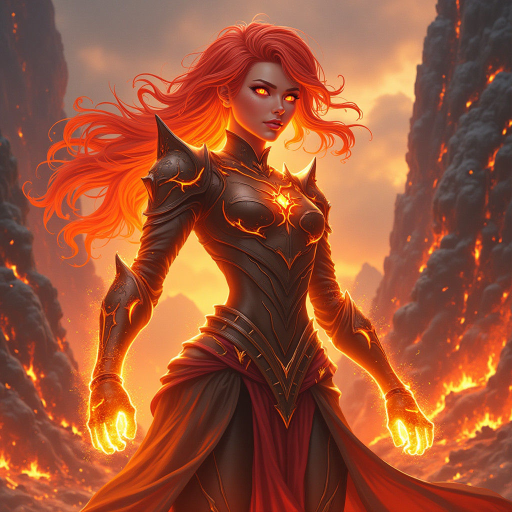 Anime Fire Warrior in Volcanic Landscape