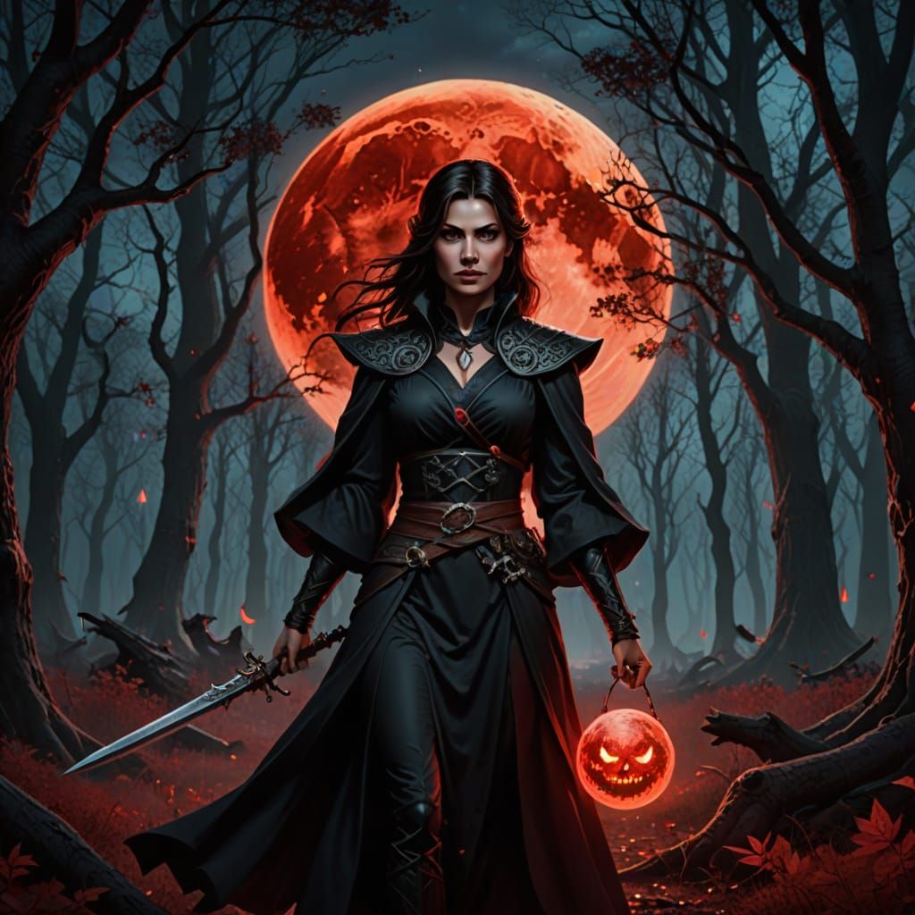 Dark Sorceress in Enchanted Forest Under Blood Moon