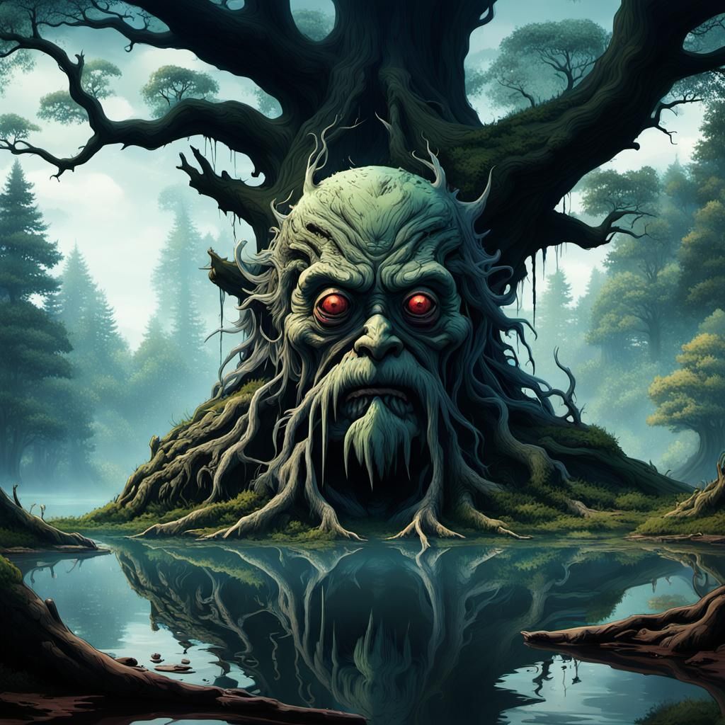 Miyazaki-esque Decaying Forest Spirit in a Lake