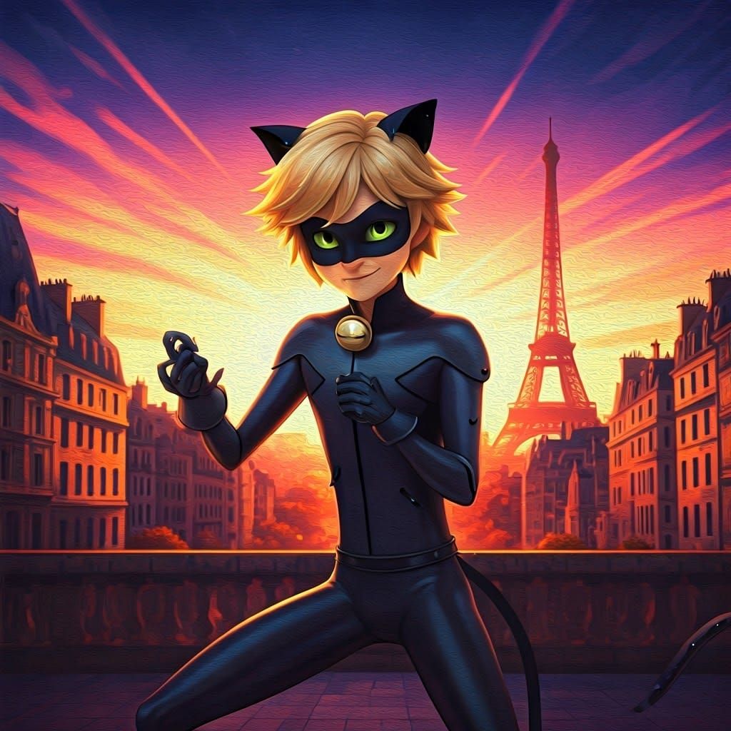 Cat Noir Heroic Pose in Parisian Impressionist Style