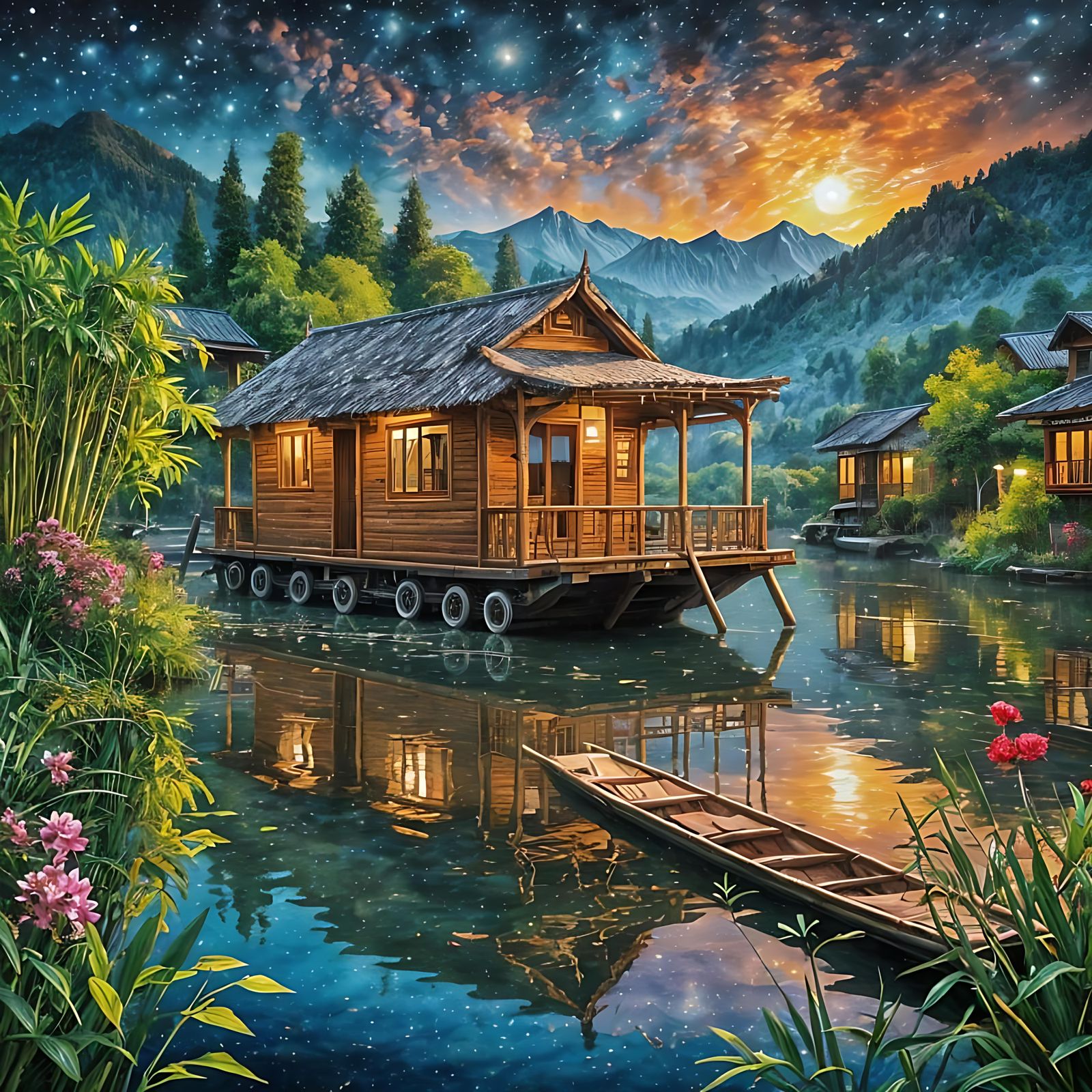 Cozy Bamboo Houseboat on Kashmir Lake in Impressionist Style