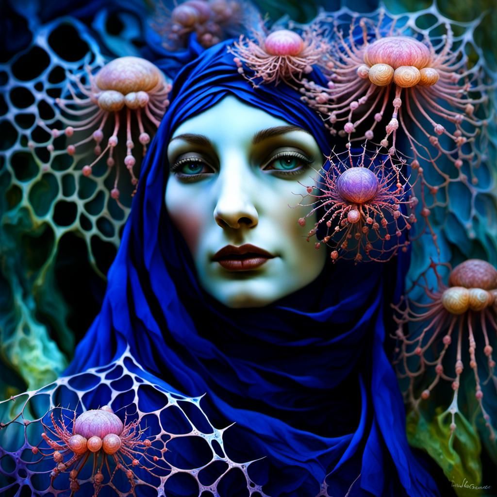 Khimar Woman with Protista Buds in Surreal Style