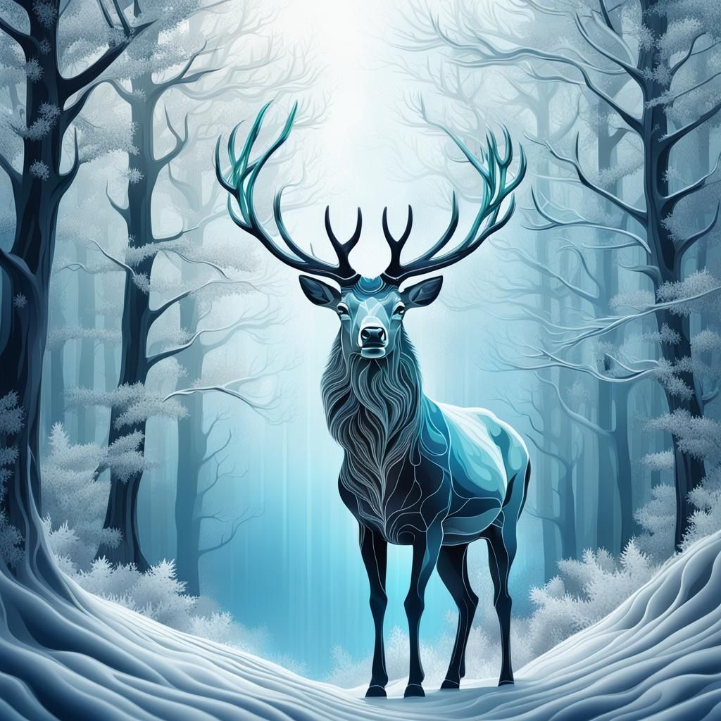 Double Exposure Stag and Snowy Forest Illustration