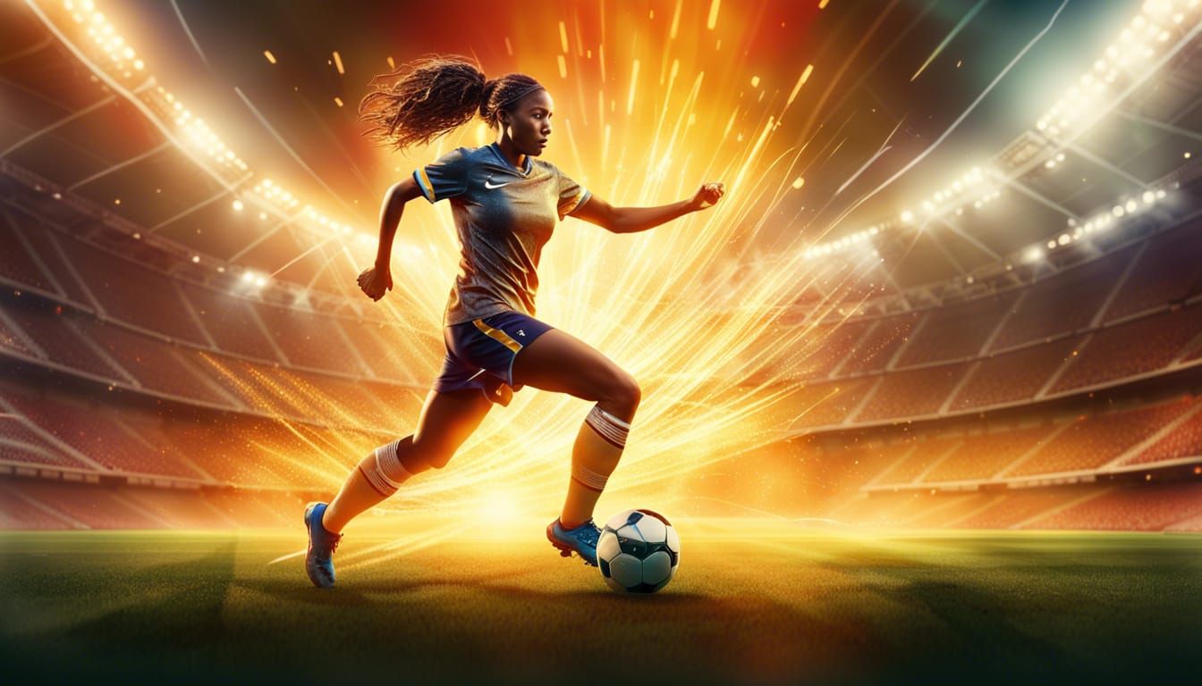 Female Soccer Player Kicking with Energy Particles