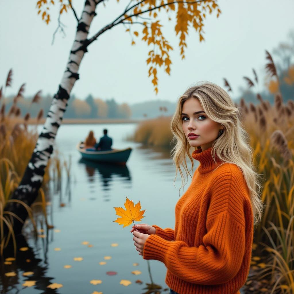 Woman by Riverbank in Autumn, Photorealistic Style