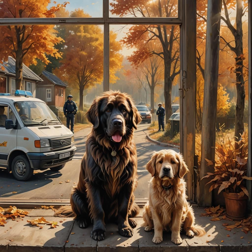 Autumn Landscape: Gorilla Son and Golden Retriever