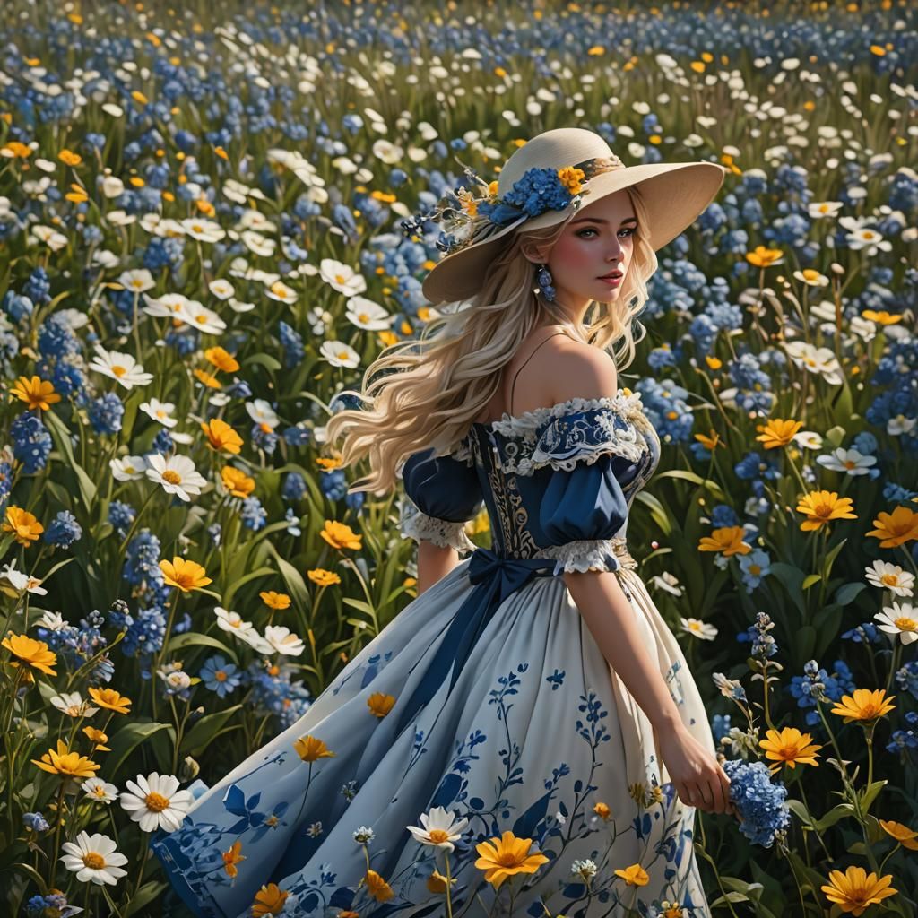 Girl in Flower Field: Detailed Matte Painting