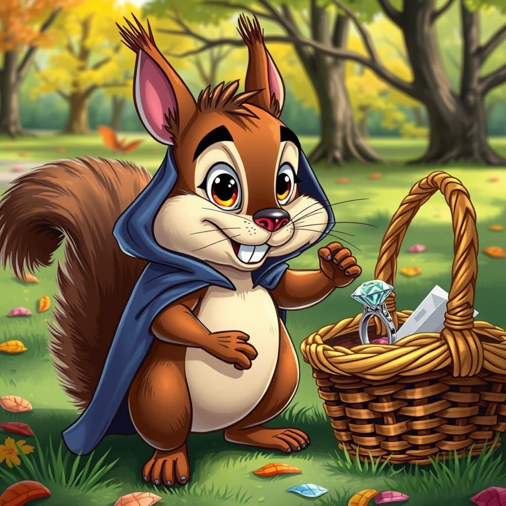 Squirrel Thief Steals Diamond Ring, Cartoon Style