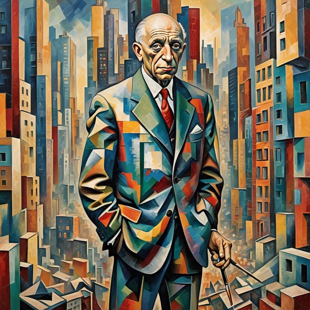 Cubist Picasso in Fragmented Cityscape Painting